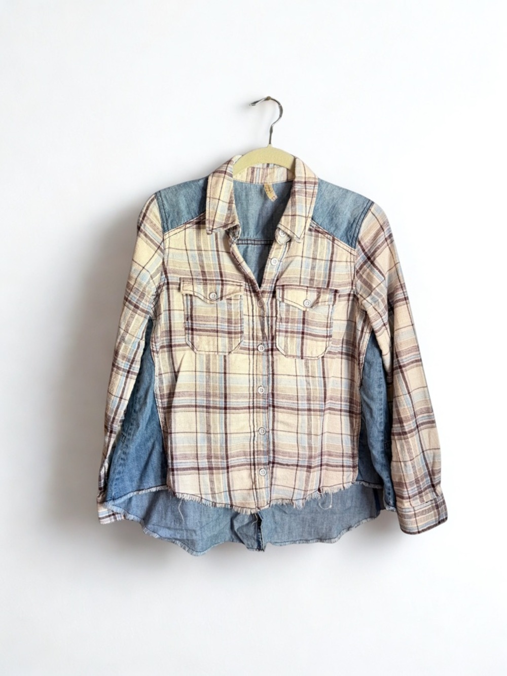 Free People Cream and Light Blue Plaid Button-Down Shirt